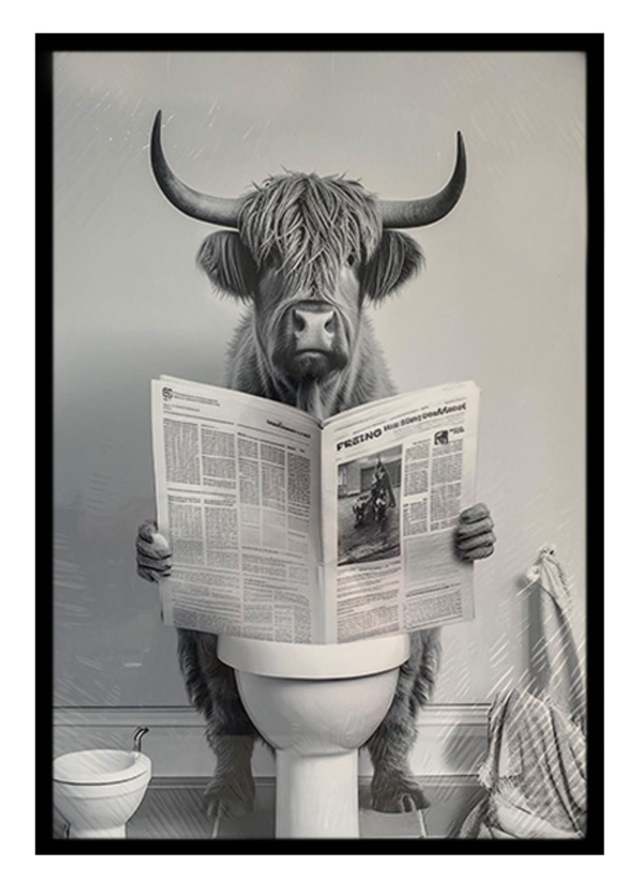 HIGHLAND COW READING NEWSPAPER / K54819