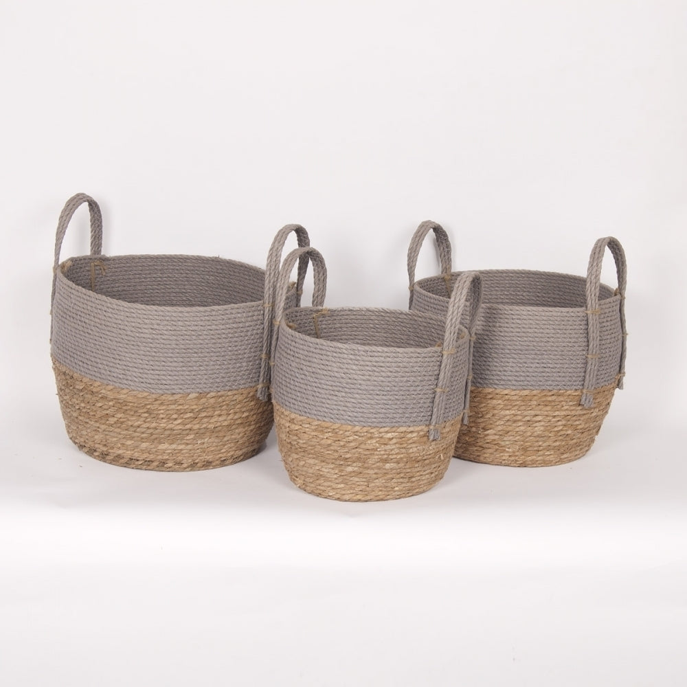GREY & NATURAL STRAW BASKETS / B288