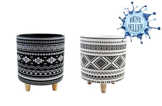 AZTEC STYLE CERAMIC PLANTER WITH WOODEN LEGS / S601