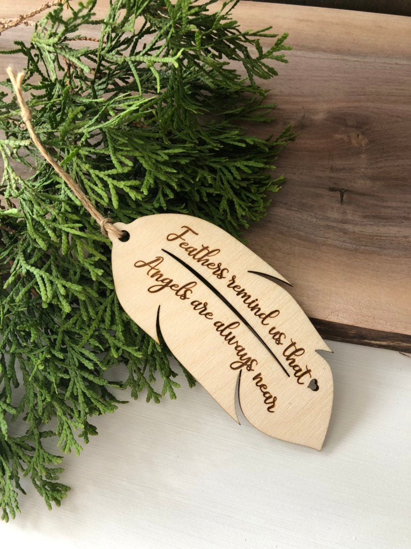 MEMORIAL FEATHER WOOD ORNAMENT