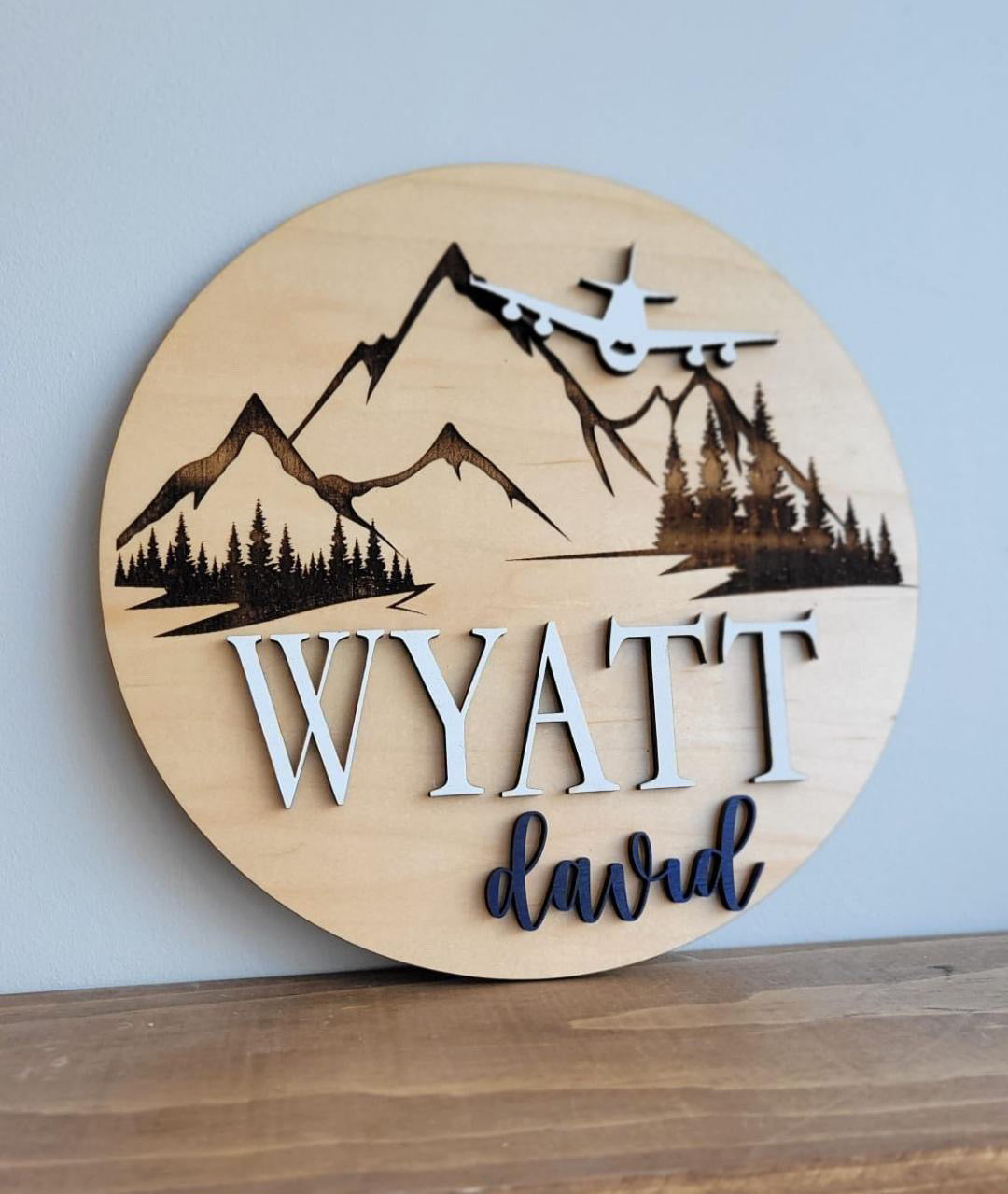 NAME ROUND SIGN- "MOUNTAIN AIRPLANE" DESIGN