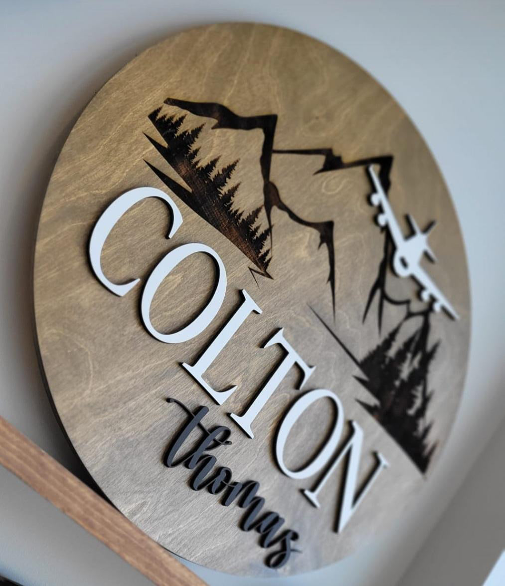 NAME ROUND SIGN- "MOUNTAIN AIRPLANE" DESIGN