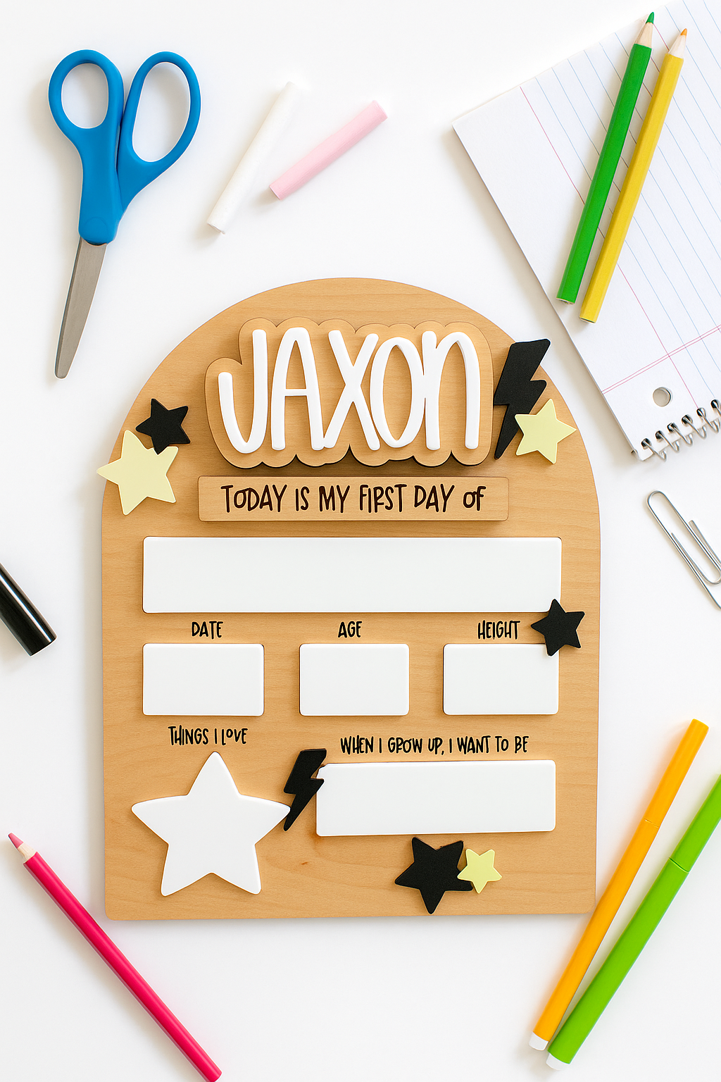 FIRST + LAST DAY OF SCHOOL SIGN LIGHTNING BOLTS & STARS (INTERCHANGEABLE)