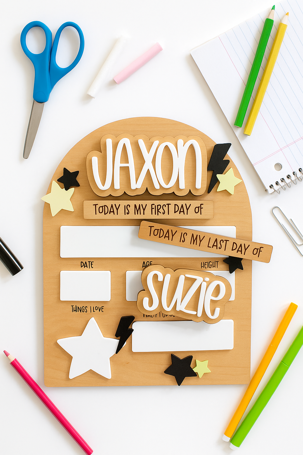 FIRST + LAST DAY OF SCHOOL SIGN LIGHTNING BOLTS & STARS (INTERCHANGEABLE)