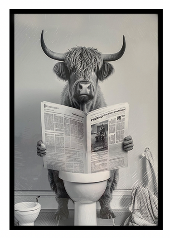 HIGHLAND COW READING NEWSPAPER / K54819 *