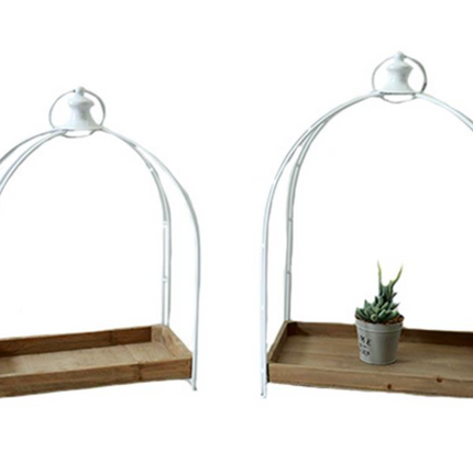 WOOD & WHITE METAL CANDLE HOLDER TRAY / K21962 *