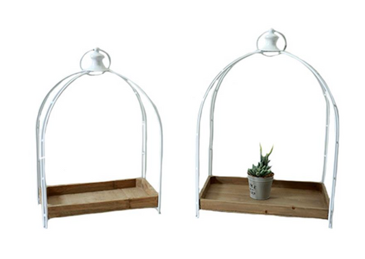 WOOD & WHITE METAL CANDLE HOLDER TRAY / K21962