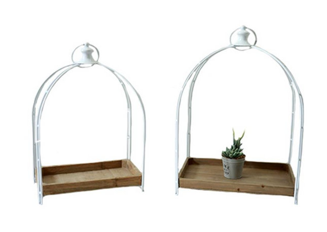 WOOD & WHITE METAL CANDLE HOLDER TRAY / K21962 *