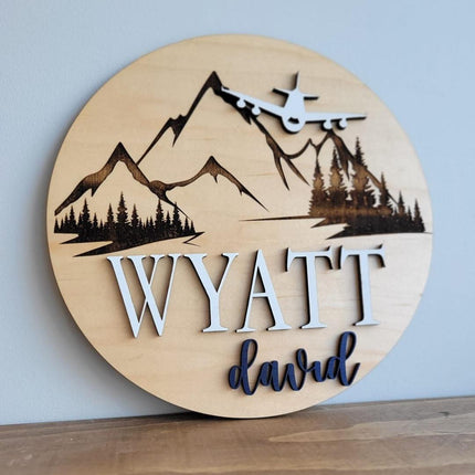NAME ROUND SIGN- "MOUNTAIN AIRPLANE" DESIGN