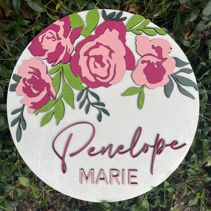 NAME ROUND SIGN- "FLORAL - PEONIES" DESIGN