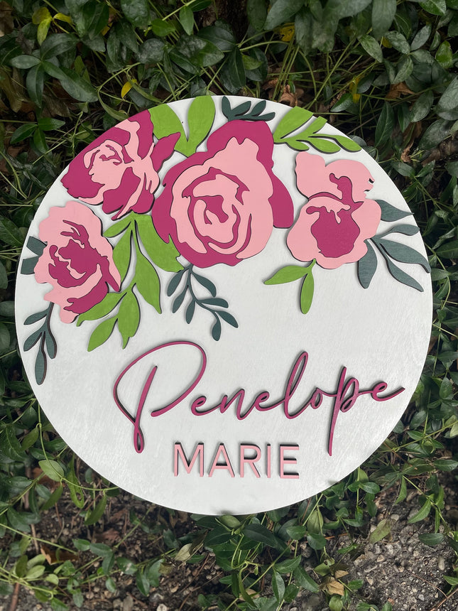NAME ROUND SIGN- "FLORAL - PEONIES" DESIGN