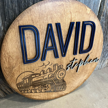 NAME ROUND SIGN- "ENGRAVED TRAIN" DESIGN