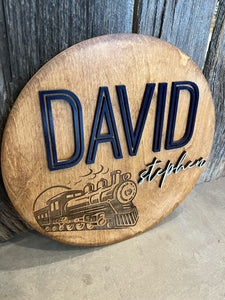 NAME ROUND SIGN- "ENGRAVED TRAIN" DESIGN