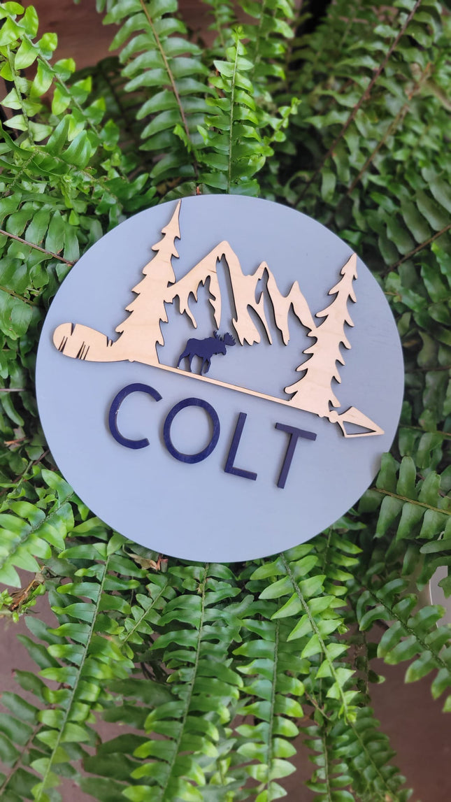 NAME ROUND SIGN- "MOUNTAIN/MOOSE" DESIGN