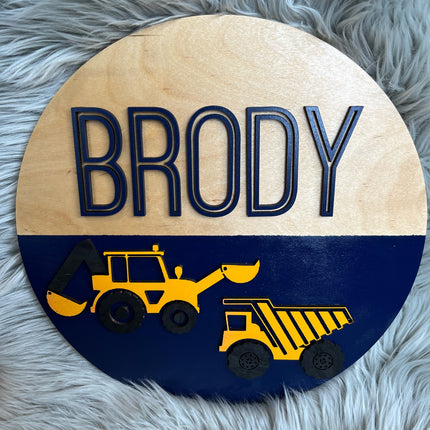 NAME ROUND SIGN- "DIGGER AND DUMP TRUCK" DESIGN