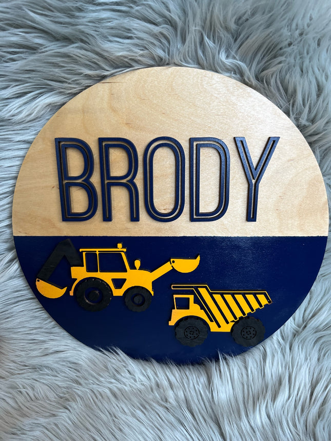 NAME ROUND SIGN- "DIGGER AND DUMP TRUCK" DESIGN