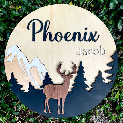 NAME ROUND SIGN- "DEER AND TREES" DESIGN