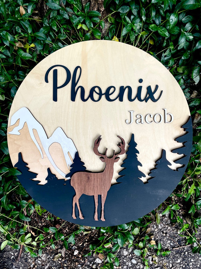 NAME ROUND SIGN- "DEER AND TREES" DESIGN