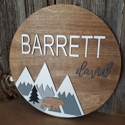 NAME ROUND SIGN- "MOUNTAINS AND BEAR" DESIGN