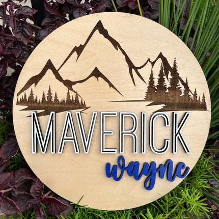 NAME ROUND SIGN- "ENGRAVED MOUNTAINS" DESIGN