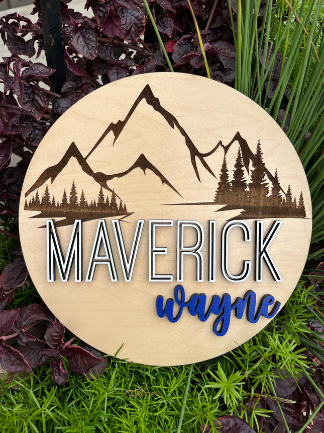 NAME ROUND SIGN- "ENGRAVED MOUNTAINS" DESIGN