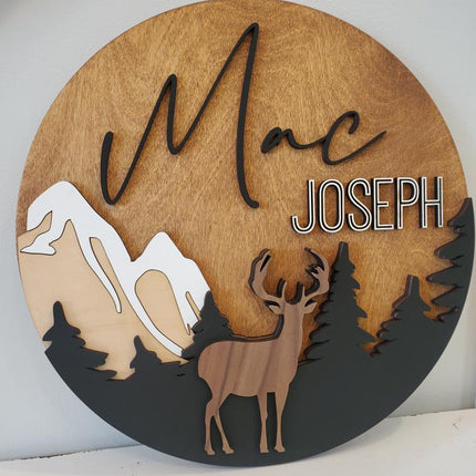 NAME ROUND SIGN- "DEER AND TREES" DESIGN