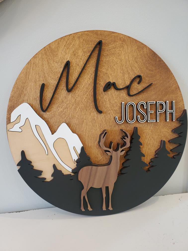 NAME ROUND SIGN- "DEER AND TREES" DESIGN