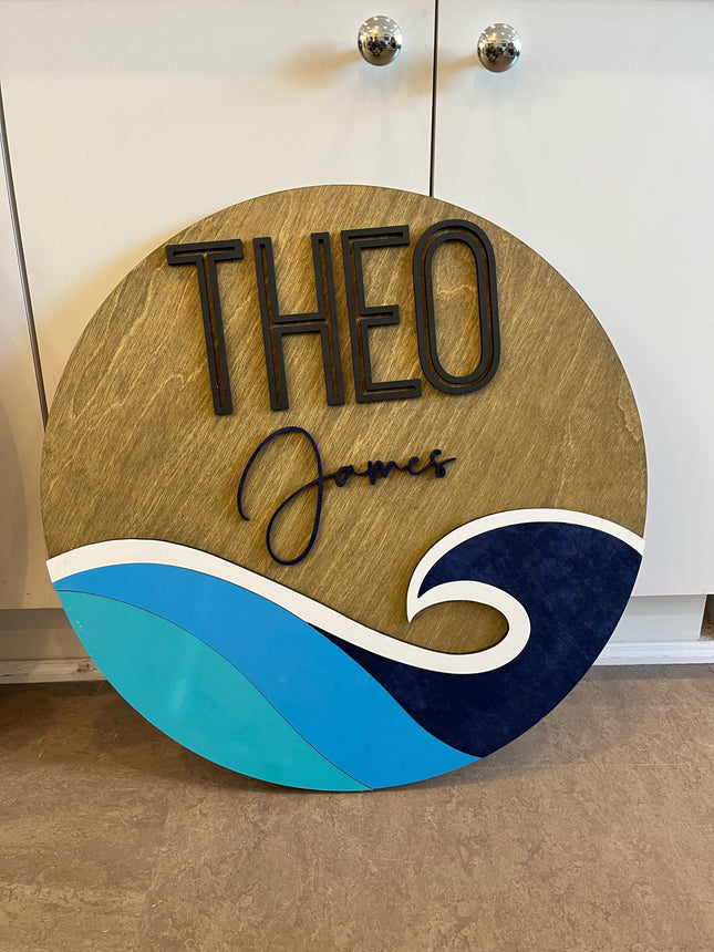 NAME ROUND SIGN- "BLUE WAVE" DESIGN
