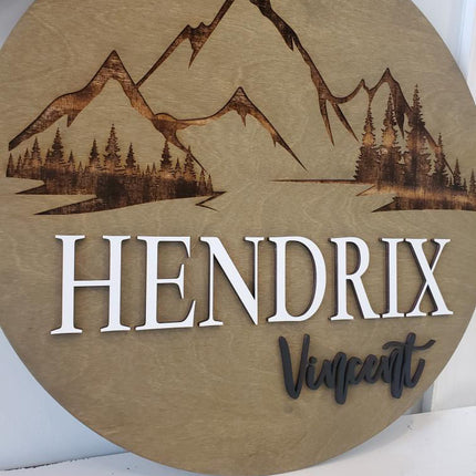 NAME ROUND SIGN- "ENGRAVED MOUNTAINS" DESIGN