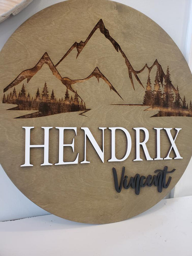 NAME ROUND SIGN- "ENGRAVED MOUNTAINS" DESIGN