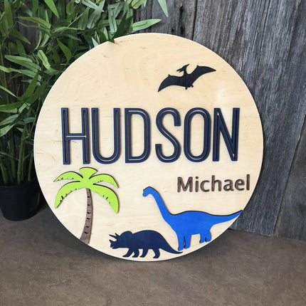 NAME ROUND SIGN- "DINOSAURS" DESIGN