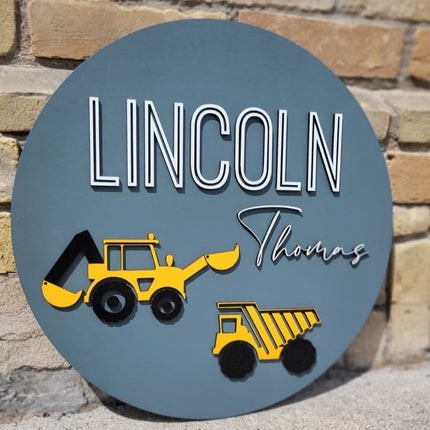 NAME ROUND SIGN- "DIGGER AND DUMP TRUCK" DESIGN