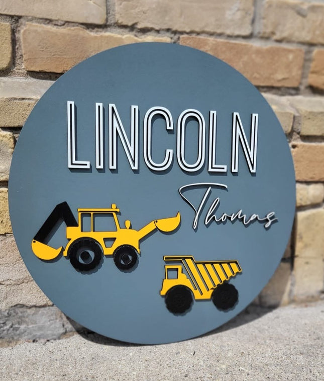 NAME ROUND SIGN- "DIGGER AND DUMP TRUCK" DESIGN