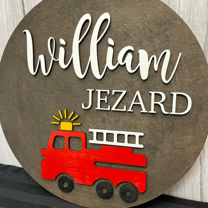 NAME ROUND SIGN- "FIRE TRUCK" DESIGN