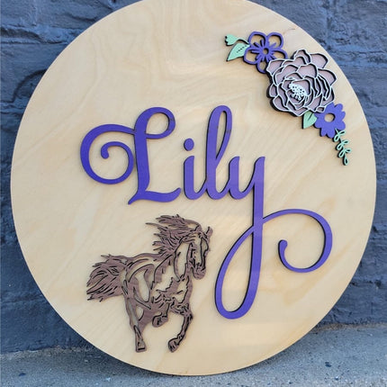 NAME ROUND SIGN- "HORSE AND FLOWERS" DESIGN