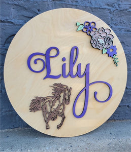 NAME ROUND SIGN- "HORSE AND FLOWERS" DESIGN