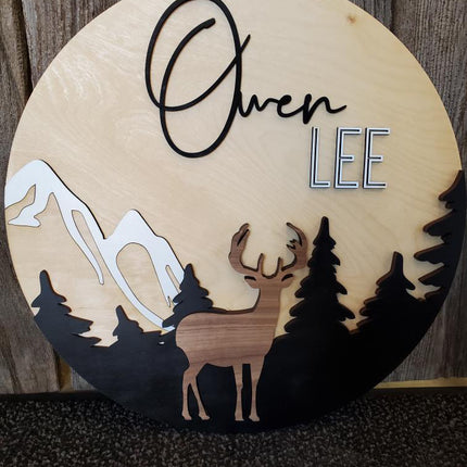 NAME ROUND SIGN- "DEER AND TREES" DESIGN