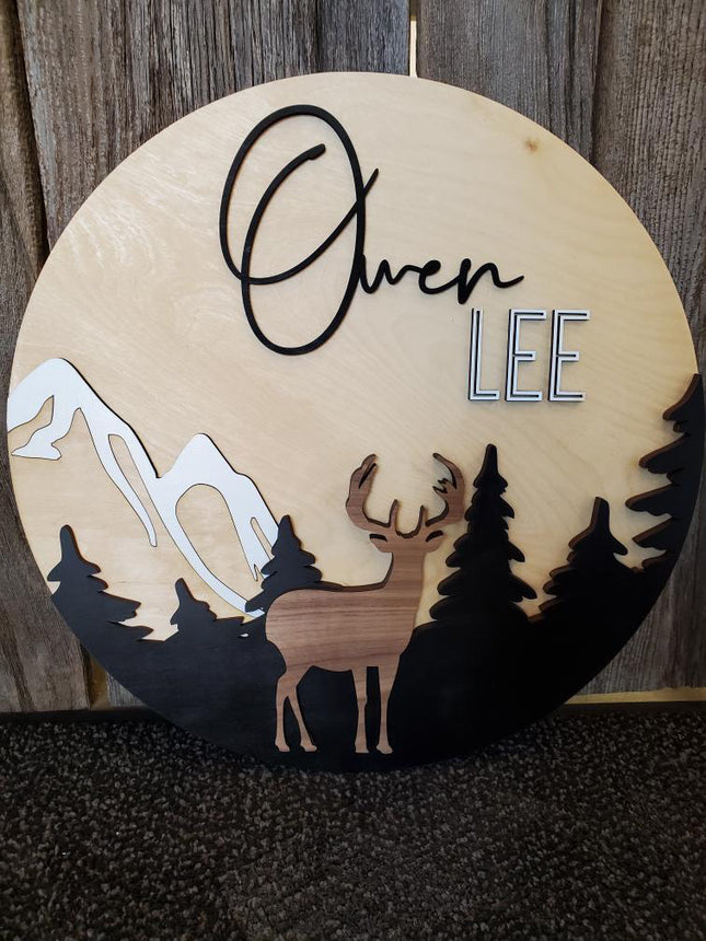 NAME ROUND SIGN- "DEER AND TREES" DESIGN